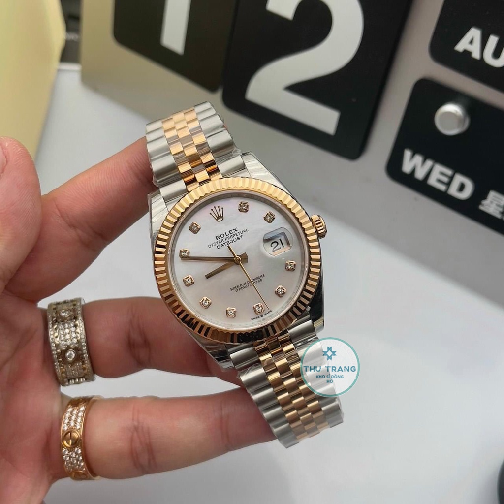 Đồng hồ Nam Rolex máy nhật, mẫu classic, mặt trắng khảm trai viền vàng, dây kim loại, dòng cơ Automatic size 39mm-40mm