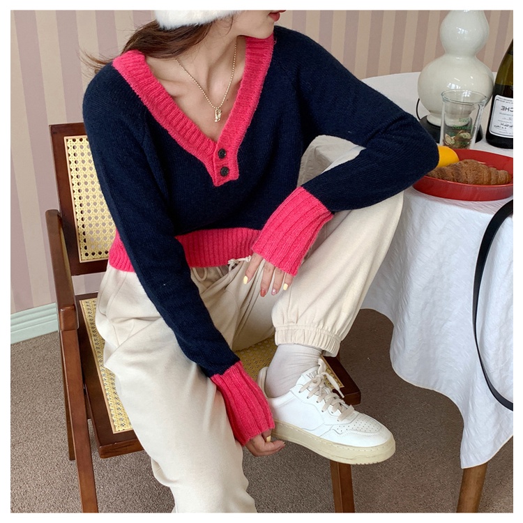 Áo len ZHELIHANGFEI tay dài cổ chữ V lưng cao dễ phối đồ