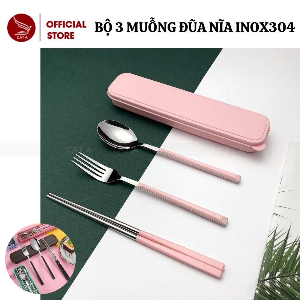 Bộ 3 Món Muỗng Đũa Nĩa Inox 304 Cán Nhựa Màu Pastel - Muỗng Đũa Du Lịch, Cơm Trưa Văn Phòng Kèm Hộp Đựng Tiện Dụng