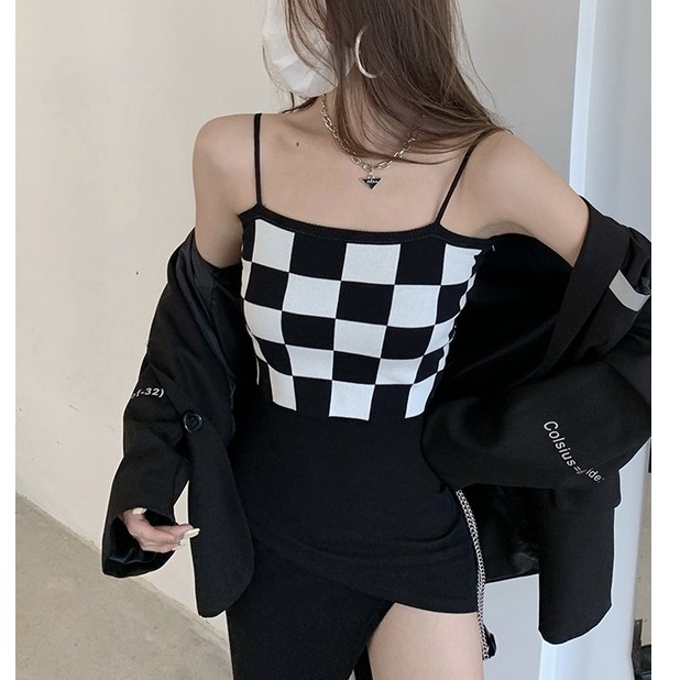 QADCOL Áo hai dây dệt kim dáng ôm họa tiết kẻ sọc phong cách retro cho nữ