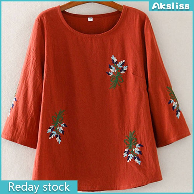 aksdiss New stock HOT! Women  Milk  Silk  T-shirt Embroidery Solid Background Large Size Seventh-sleeve Loose T-shirt