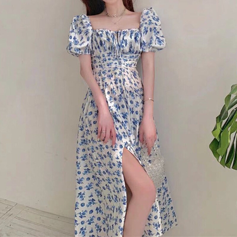 Đầm YEYA cổ vuông dáng rộng xẻ tà in họa tiết hoa phong cách Hàn Quốc thiết kế thời trang xinh xắn cho nữ