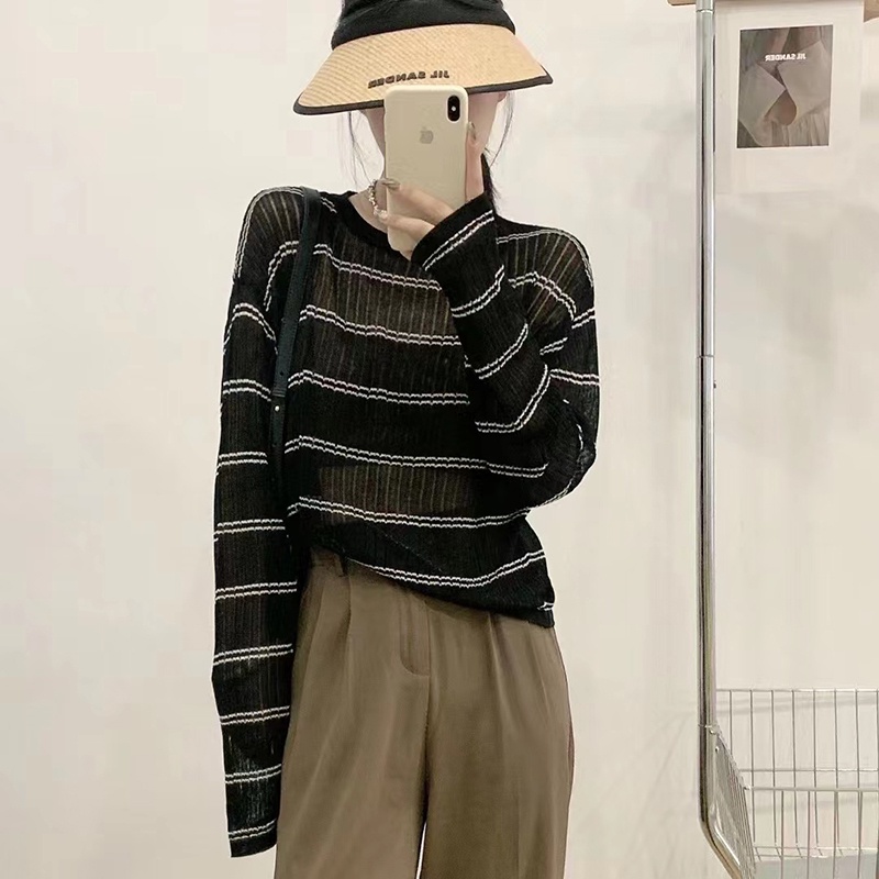 Áo len ZHELIHANGFEI tay dài dáng rộng họa tiết kẻ sọc trắng đen dễ phối đồ thời trang