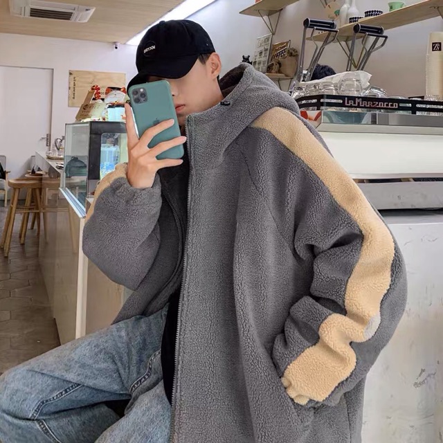 Áo khoác lông cừu sọc tay trần bông Ulzzang oversize unisex siêu đẹp siêu chất 🧡