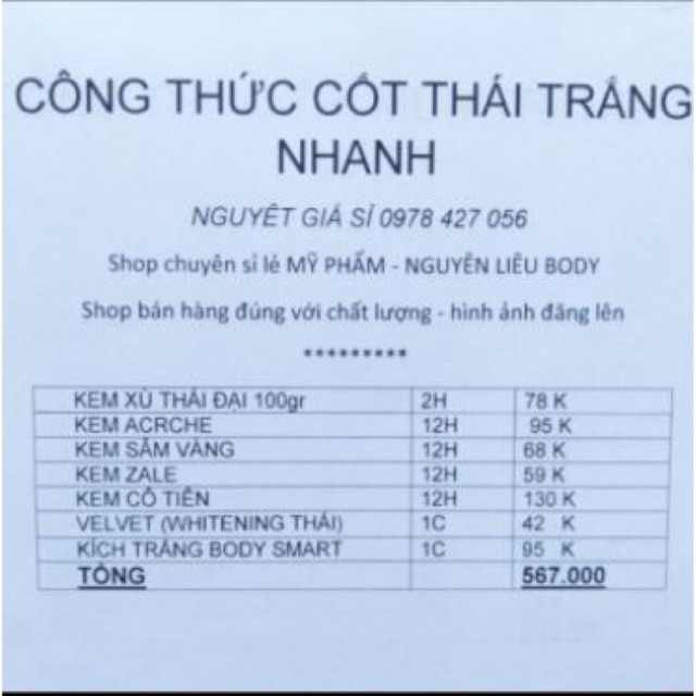 công thức kem cốt thái trắng nhanh