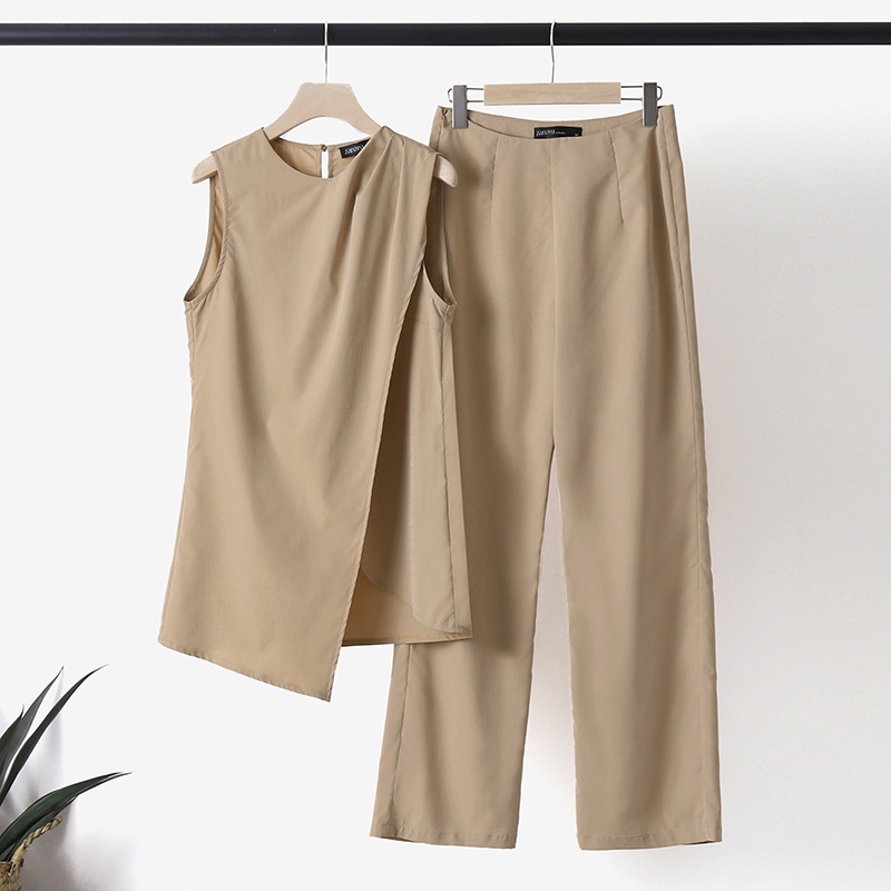 Bộ đồ ZANZEA gồm áo không tay viền bất đối xứng và quần dài ống rộng thời trang cho nữ