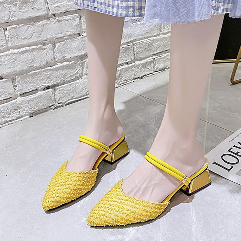 Giày sandal IELGY mũi nhọn đế thô màu xanh lá cây hai kiểu mang dễ phối đồ dành cho nữ