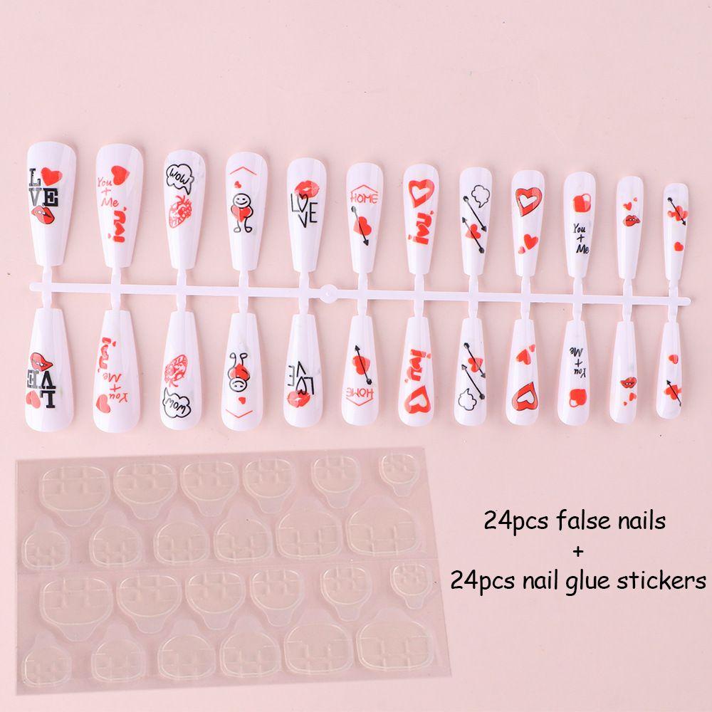 .Bộ 24 Móng Tay Giả Nối Dài Trang Trí Nghệ Thuật Trái Tim