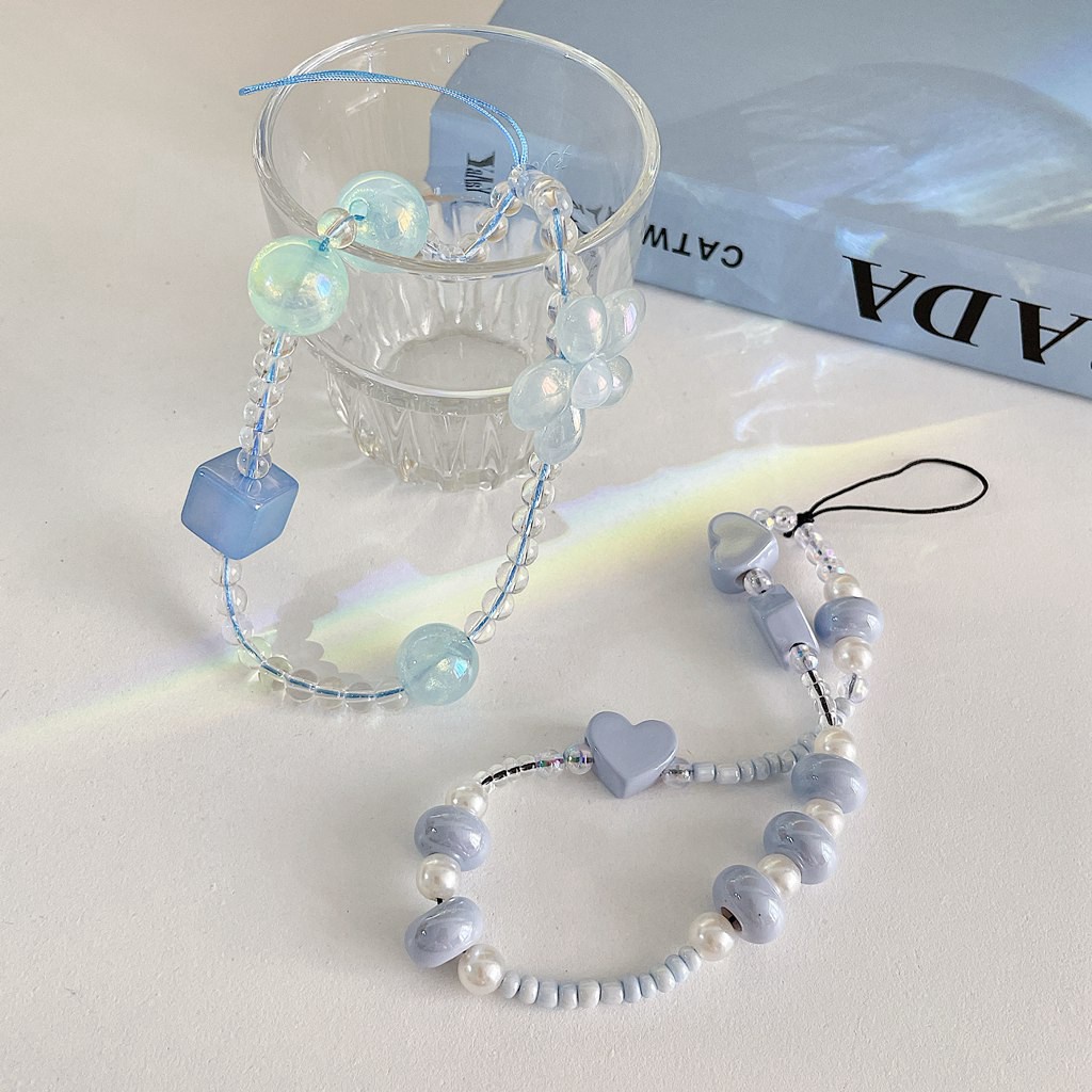 Dây đeo điện thoại nhiều màu đính cườm bông hoa trái tim đa năng cho cho tai nghe bluetooth ID móc khóa