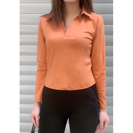 Áo phông croptop dài tay cổ trụ bẻ, 6 màu đủ size chất cotton siêu đẹp