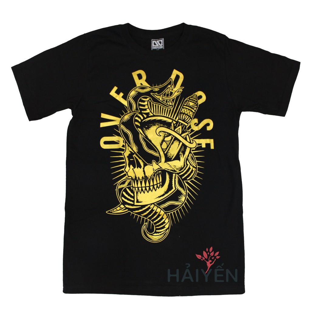 Áo thun OverDose Thái Lan màu đen in hình con rắn quấn thanh gươm nhũ vàng T0106