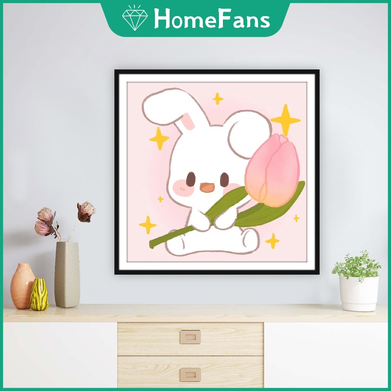 Tranh Đính Đá 5D Tự Làm Hình Thỏ Dễ Thương 40x40cm Trang Trí Nhà Cửa