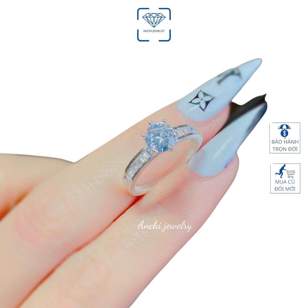 Nhẫn nữ xi bạch kim mặt đá 6li, chuẩn bạc ý 925 cao cấp - Anchi jewelry