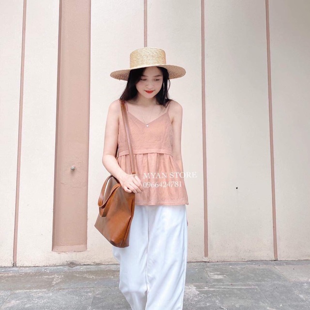 Sét đũi 2 dây hồng + quần ống rộng trắng BYO777