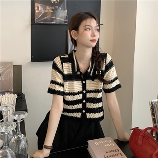 Áo Cardigan Dệt Kim Cổ Mép Lật Ngắn Tay Phong Cách Hàn Quốc 52784