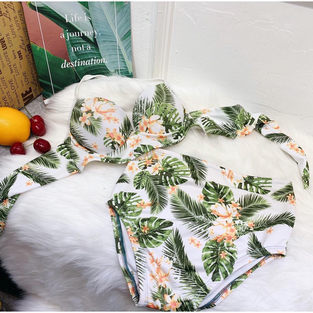 Set đồ bơi rời họa tiết hoa lá áo gọng nâng đẩy ngực quần cạp cao che bụng | BigBuy360 - bigbuy360.vn