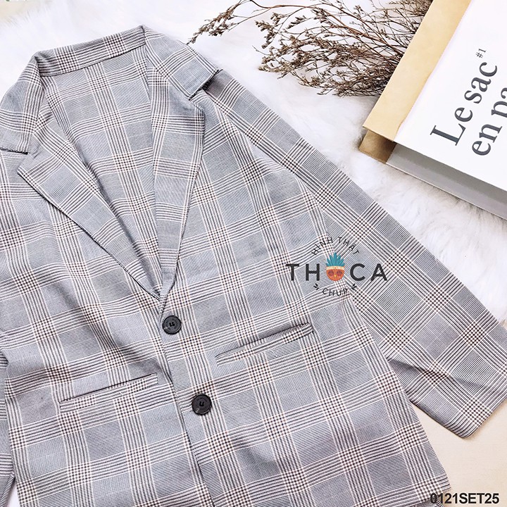 Set khoác vest blazer tay dài 2 túi phối chân váy ngắn caro THOCA HOUSE basic thanh lịch, phù hợp đi làm, đi công tác