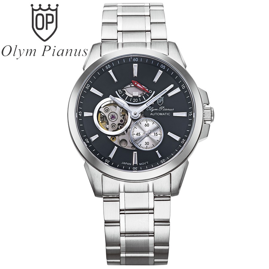 Đồng hồ nam dây kim loại mặt kính sapphire automatic Olym Pianus OP9908-88 OP9908-88.1AGS đen