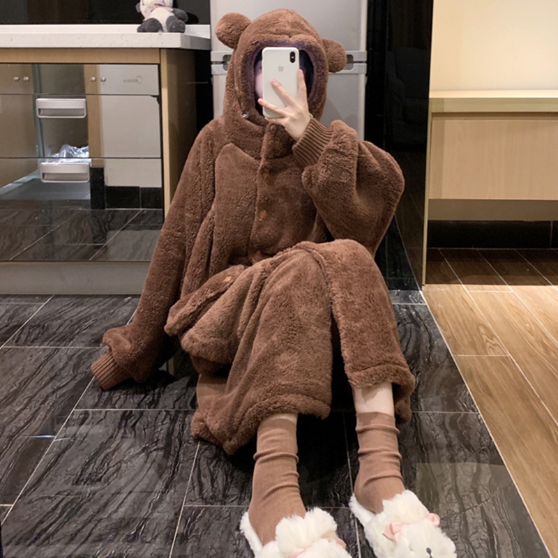 (ord) váy ngủ gấu nâu, bộ đồ ngủ gấu nâu, váy ngủ gấu, áo choàng ngủ gấu, đồ ngủ lông ấm