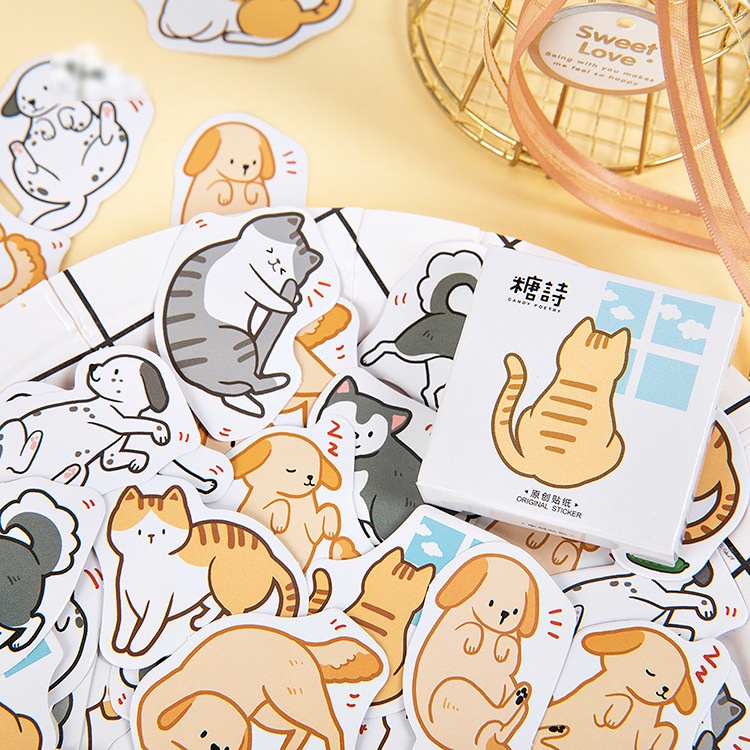 Hộp 45 chiếc sticker MÈO TỦI HỜN dễ thương cute dùng để dán trang trí sổ Bullet journal, Scrapbook, Take note - Tanpopo