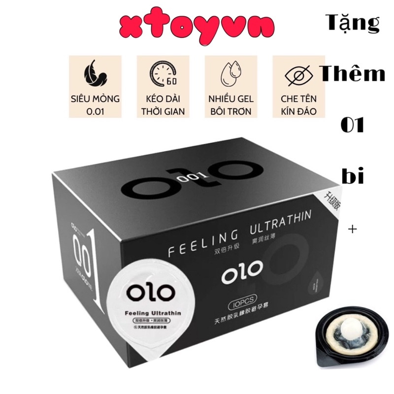 Bao Cao Su OLO 0.01mm Đen Siêu Mỏng Tặng Kèm Bi - Gốc Nước - Hộp 10 Bcs + 1 viên bi