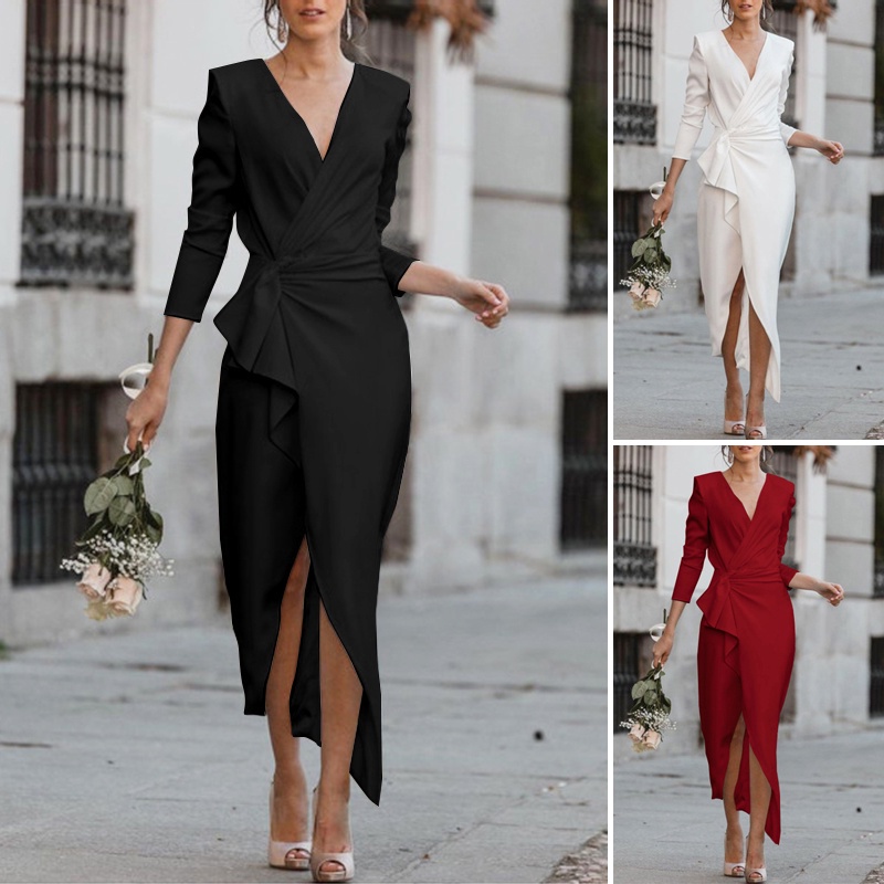 Đầm dài Celmia cổ chữ V dài tay thanh lịch cho nữ