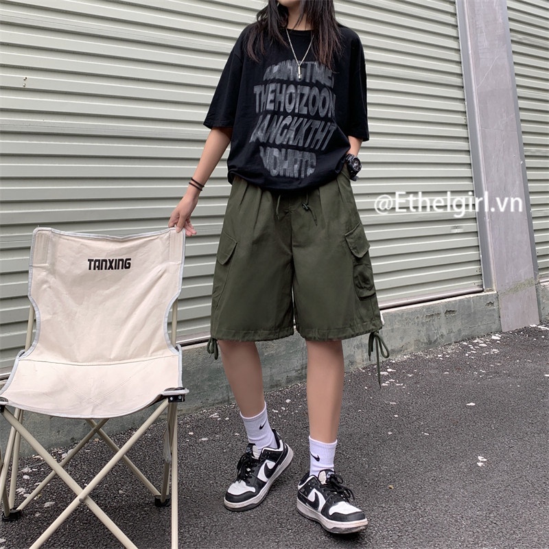 Quần ngắn ống rộng Lưng Cao Phối Dây Rút Có 3 Màu Thời Trang Retro Cho Nữ