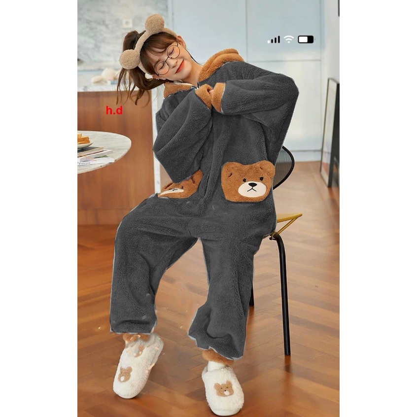 Bộ ngủ lông liền thân gấu xám siêu kute dễ thương ,đồ mặc nhà ấm áp mùa đông hàn quốc ulzzang- NENEFASHION