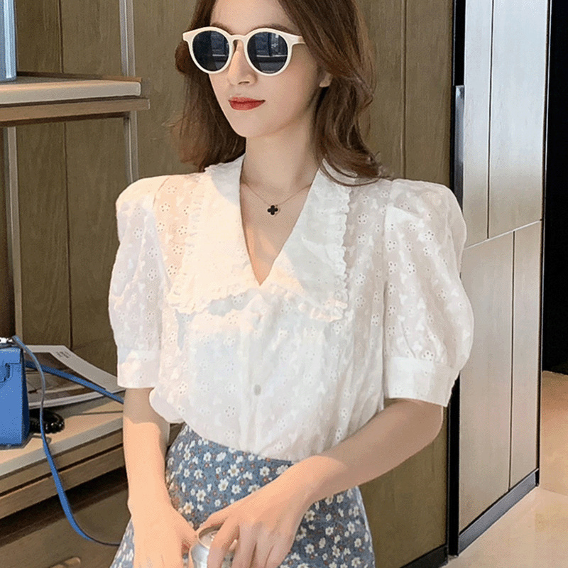 SUXI Áo kiểu nữ tay ngắn phối ren xinh xắn phong cách retro