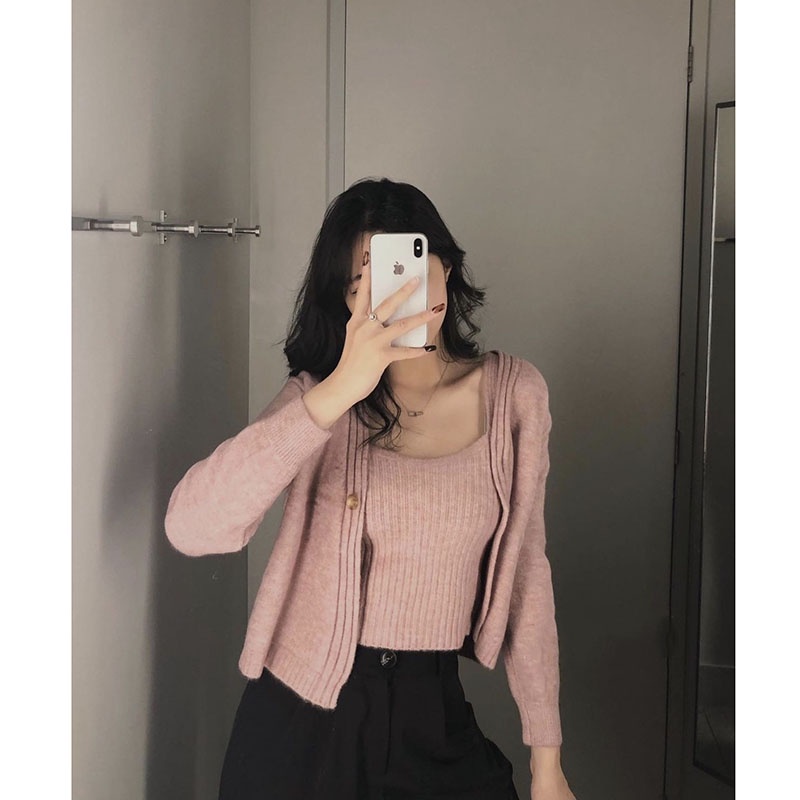 Sét Áo 2 Dây Kèm Áo Cardigan Len Hàng Quảng Châu M1072-Violet