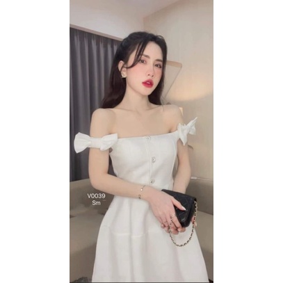Đầm xòe trễ vai tay nhún đính nơ