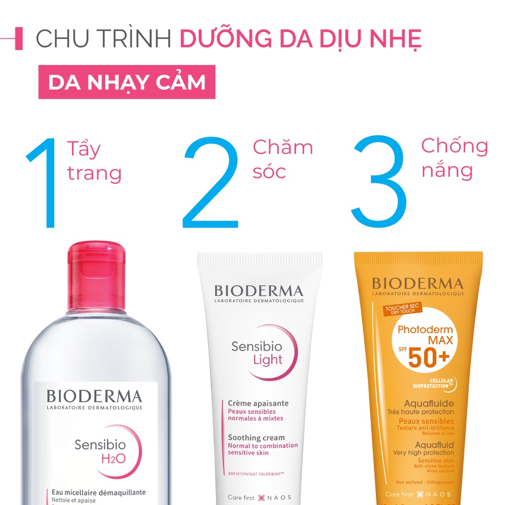 Bộ dung dịch làm sạch và tẩy trang cho da nhạy cảm Bioderma 250ml và kem dưỡng ẩm Bioderma 40ml (Tặng bông tẩy trang)