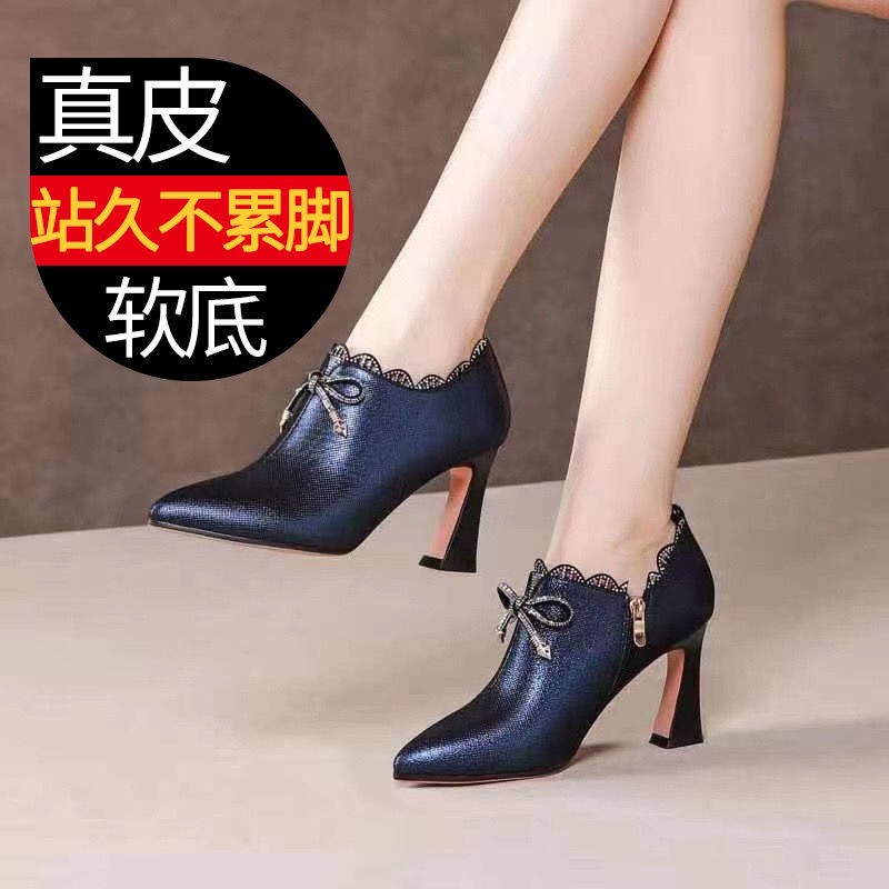 ∋2021 autumn and winter new leather deep-mouthed high-heeled shoes, women s fashion bowknot rhinestone all-match thick-heeled shoes