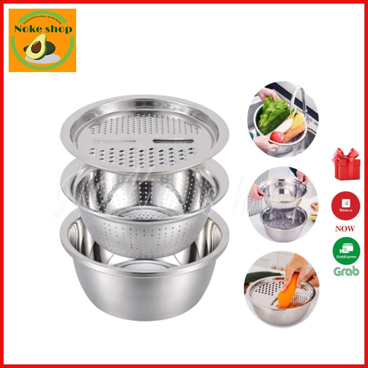 Bộ nạo rau củ đa năng inox 304, bộ rổ inox kèm nạo rau củ tiện lợi