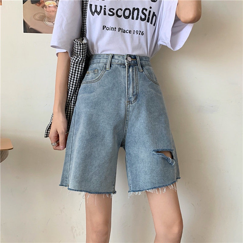 AMOI Quần Short Denim Lưng Cao Ống Rộng Phối Rách Thời Trang Hàn Quốc Cho Nữ