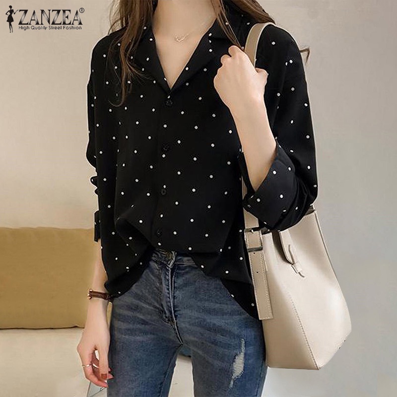 Áo sơ mi Zanzea cổ bẻ in họa tiết chấm bi phong cách Hàn Quốc thời trang cho nữ