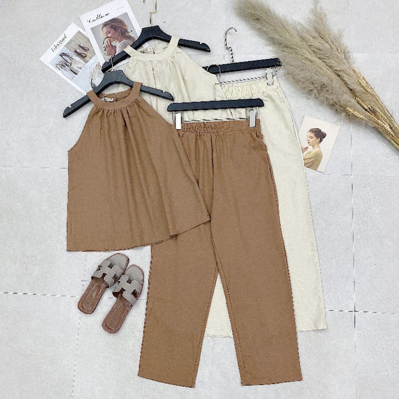 [Mã FAGREEN245 giảm 10% tối đa 30K đơn 99K] S338 Set yếm đũi thiết kế ly cổ tone màu nâu kem phối quần bagy cạp chun | BigBuy360 - bigbuy360.vn