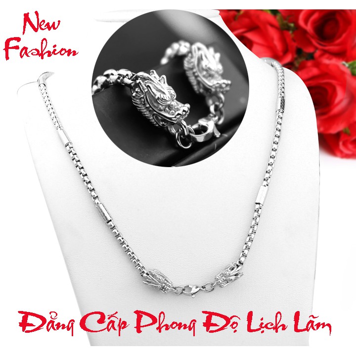 Dây chuyền nam inox bọc khoanh kết hợp 2 đầu rồng sáng đẹp, không đen - Đem lại đẳng cấp, phong độ cho người đeo