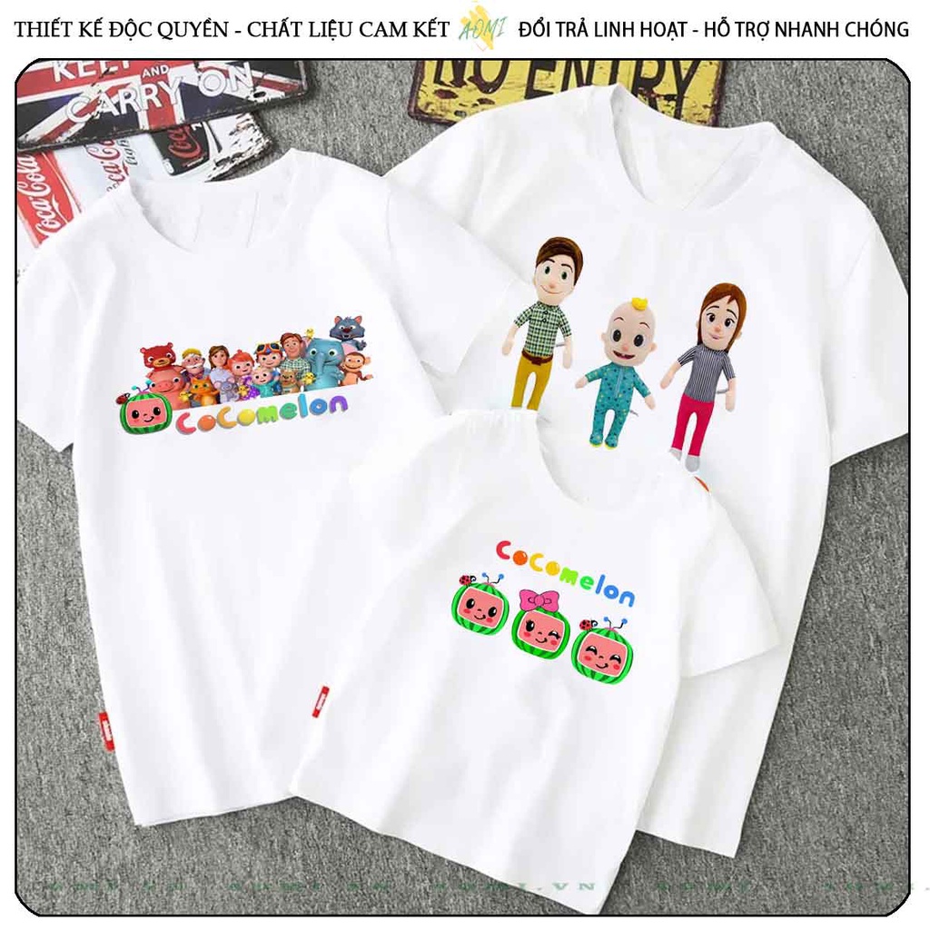 ÁO THUN UNISEX HOẠT HÌNH cocomelon PHÔNG TRẮNG TAY NGẮN NAM NỮ GIA ĐÌNH CẶP ĐÔI SIZE TRẺ EM BÉ TRAI GÁI AOMIVN