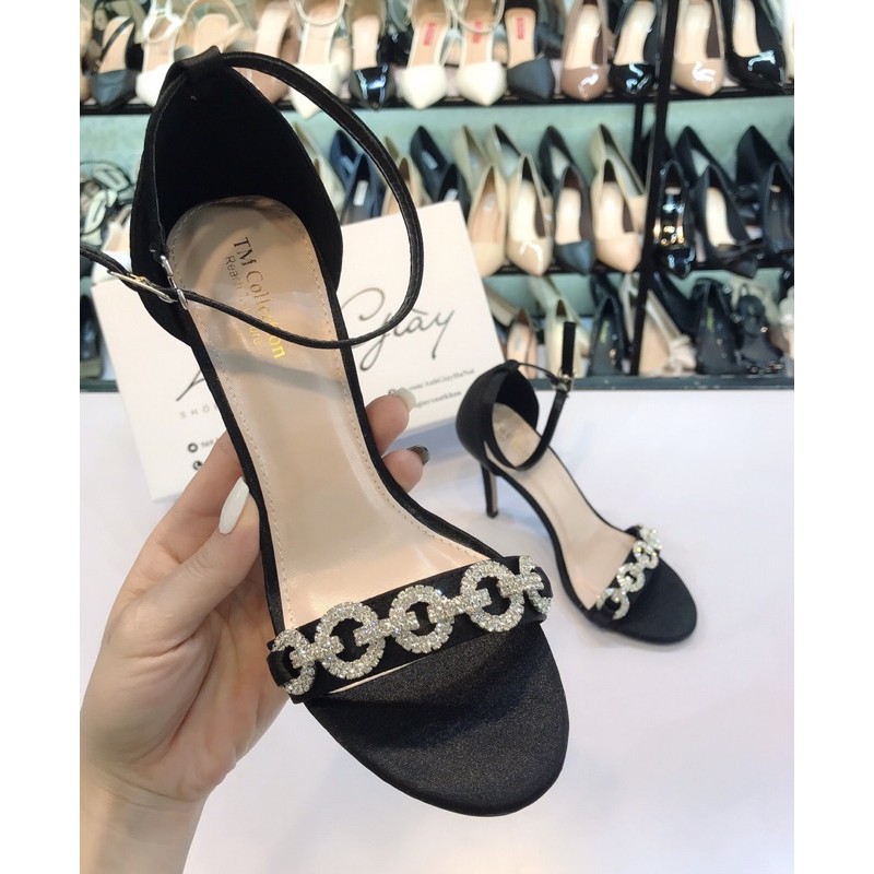 Sandal quai ngang lụa gót nhọn 9p đính đá bít gót( ảnh thật, kèm video)