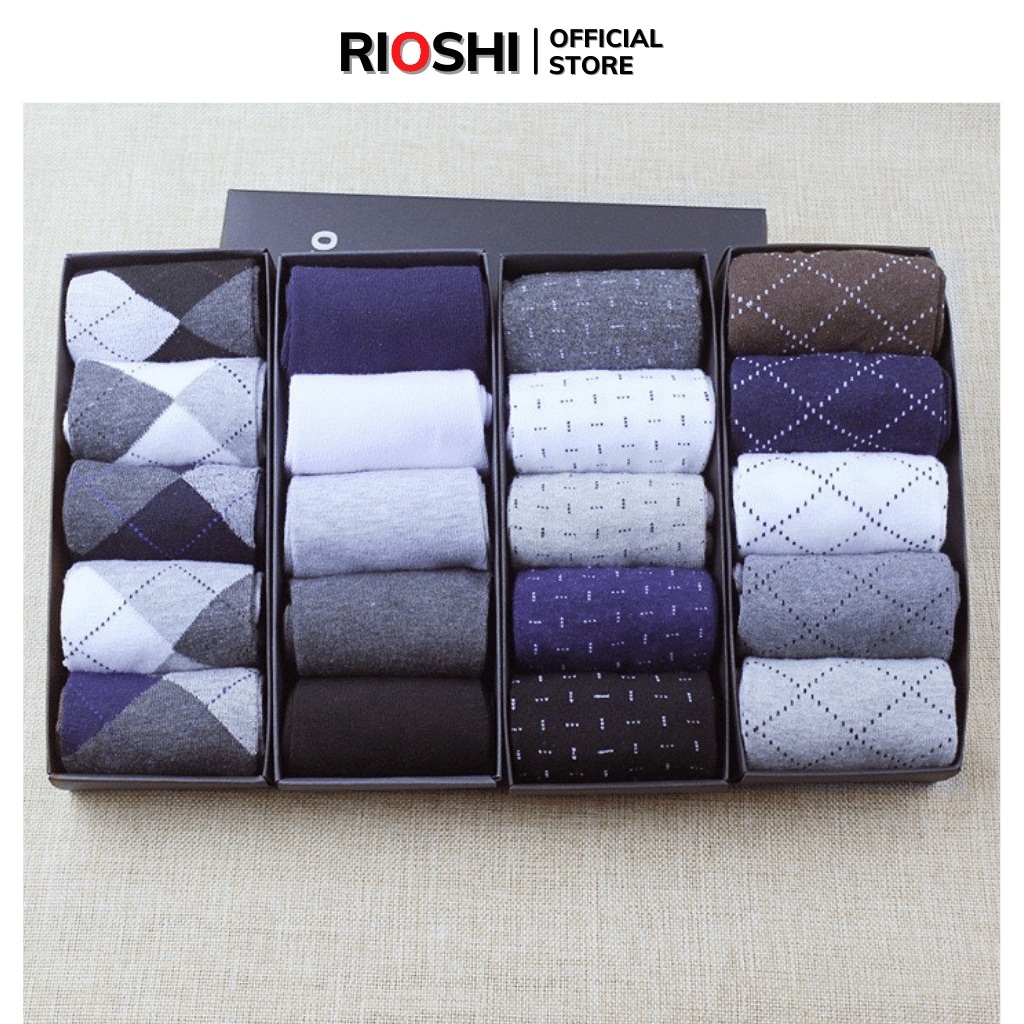 Tất nam công sở cao cổ 5 đôi kháng khuẩn cao cấp đóng hộp 5 màu Rioshi TN02 Tất vớ nam cổ trung hộp quà tặng bạn trai