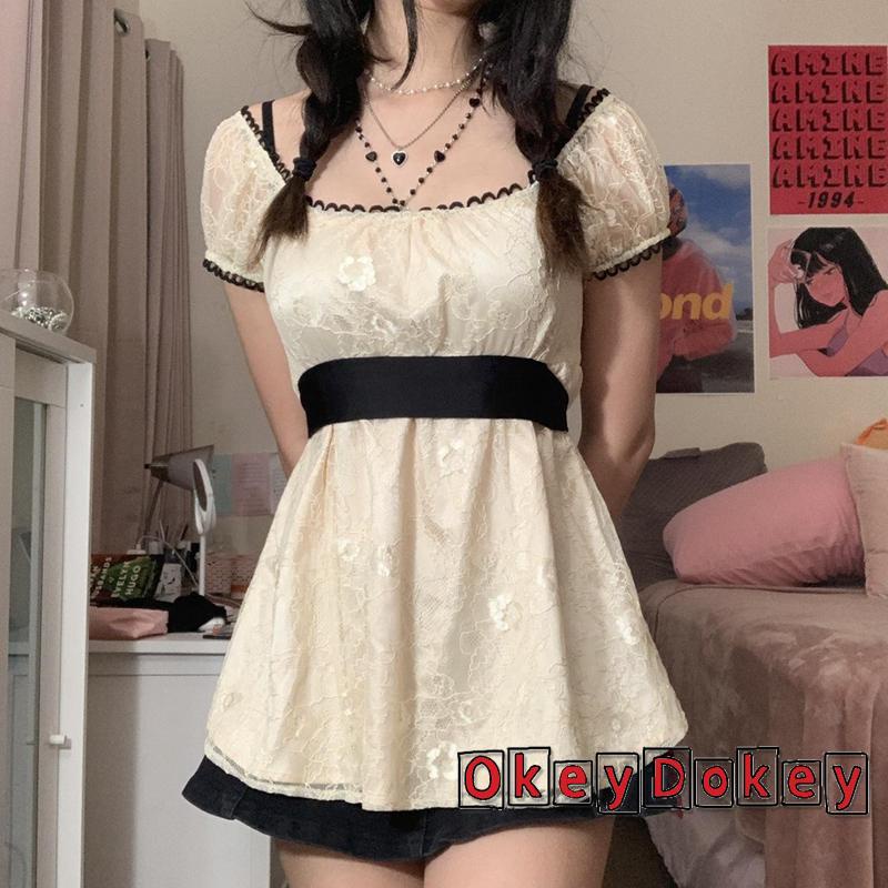 Đầm Dáng Chữ A Tay Ngắn Phối Ren Phong Cách Cổ Điển Thời Trang Đường Phố Cho Nữ