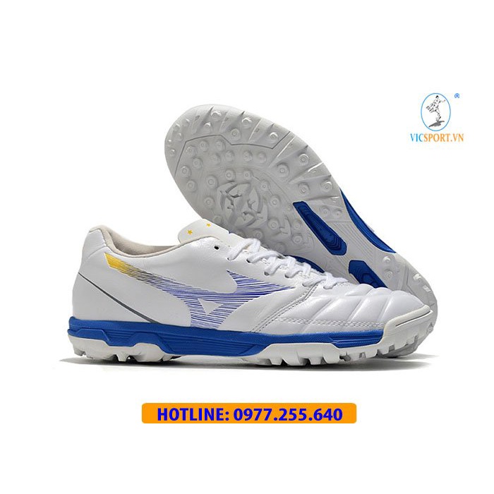 (Tặng Túi Đựng + Vớ) Giày Đá Bóng Mizuno Neo Trắng Xanh, Giày Đá Banh Chân Bè Sân Nhân Tạo - Vicsport