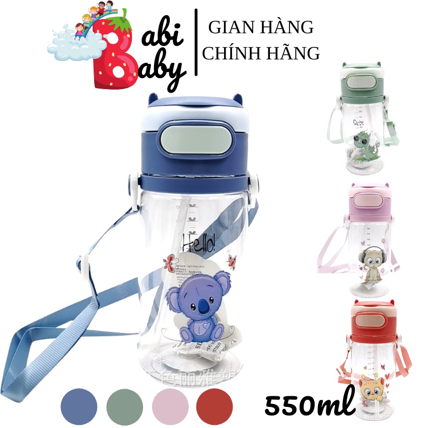 Bình nước học sinh 550ml chịu nhiệt nắp bật có dây đeo tiện dụng an toàn cho bé đi học nhiều hình đáng yêu