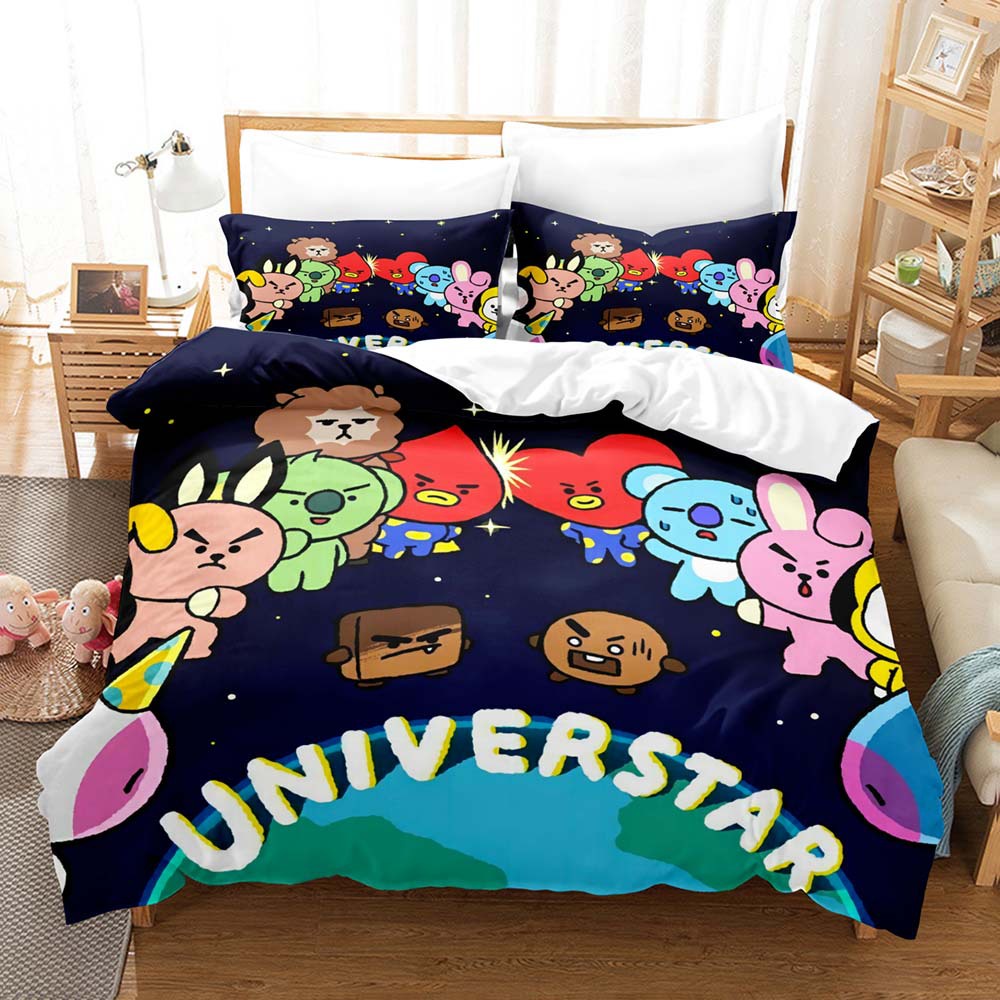 Bộ Ga Trải Giường + Vỏ Gối + Vỏ Chăn 2 Trong 1 In Họa Tiết BT21 BTS Có Thể Giặt Sạch Tiện Dụng