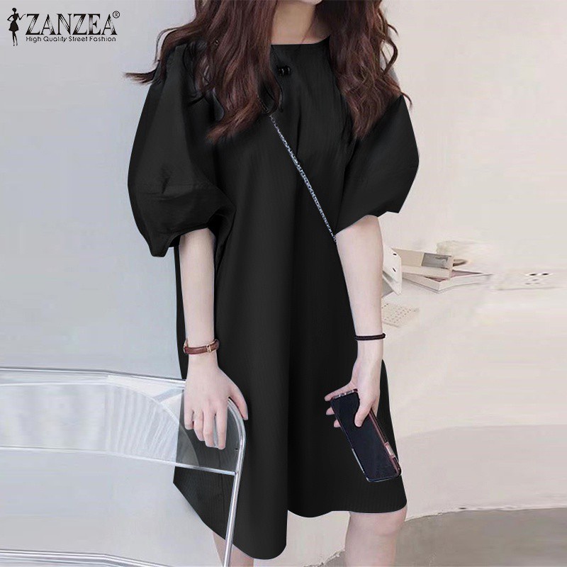 Đầm ZANZEA cổ tròn tay phồng màu trơn bằng cotton cho nữ giới