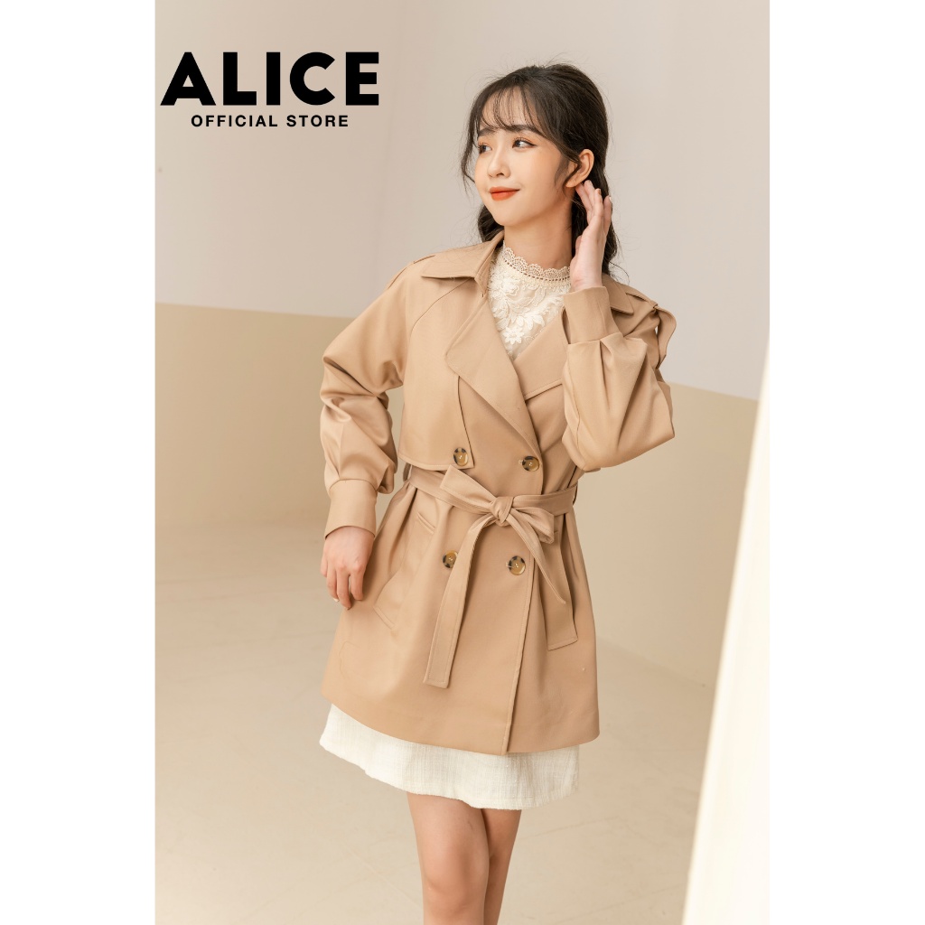 Áo Măng Tô Nữ Dáng Ngắn Kèm Đai ALICE Thiết Kế Tôn Dáng Chất Liệu Kaki Hàn Lót Lụa Cao Cấp V737