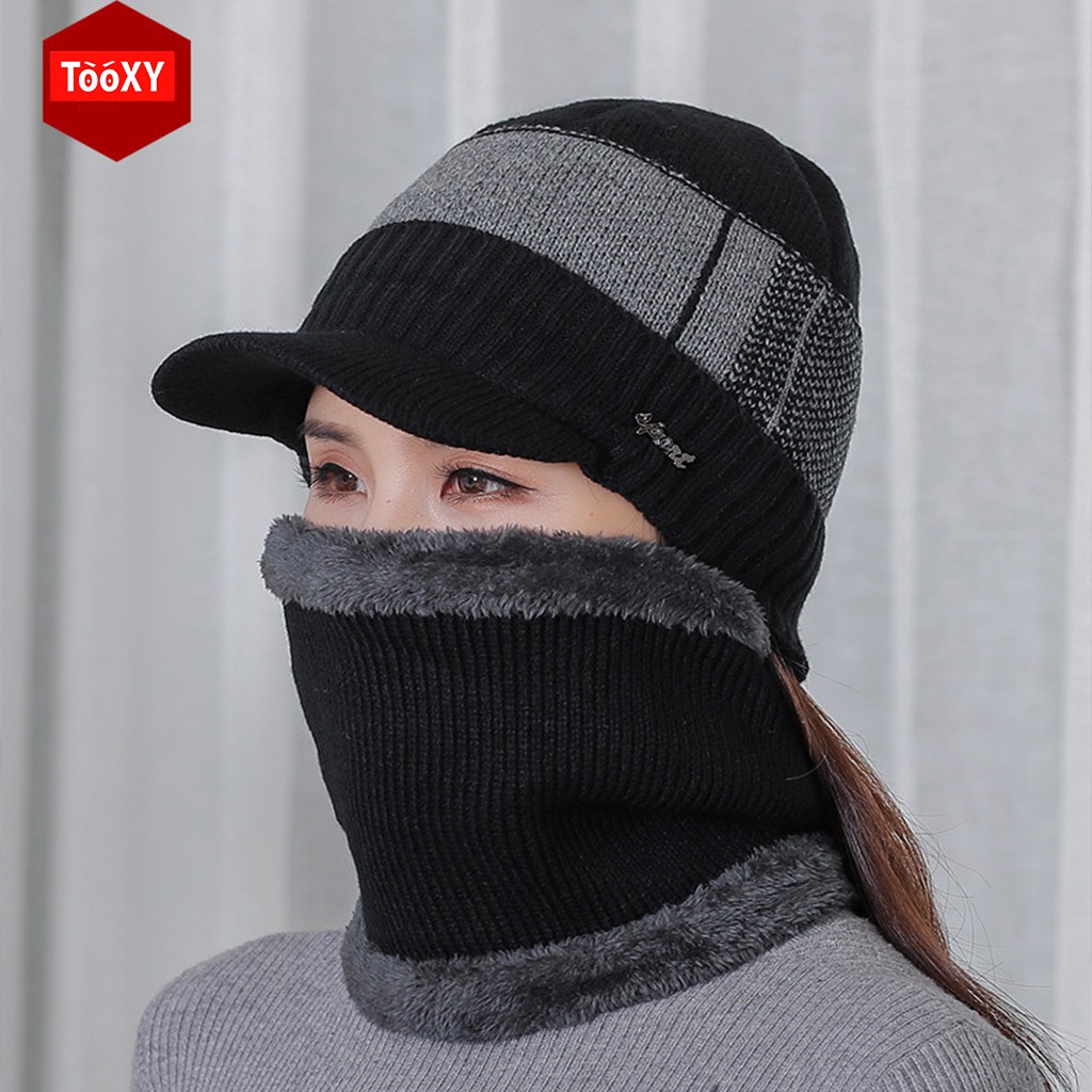 Mũ len nam nữ Tooxy nón len kèm khăn quàng cổ kiểu dáng hàn quốc chống lạnh mùa đông