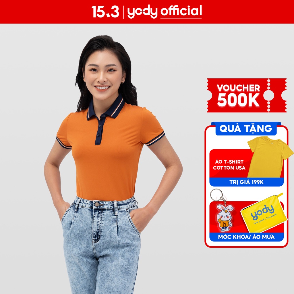 Áo polo nữ YODY phối bo kẻ ngắn tay co giãn tốt form chuẩn - APN5304