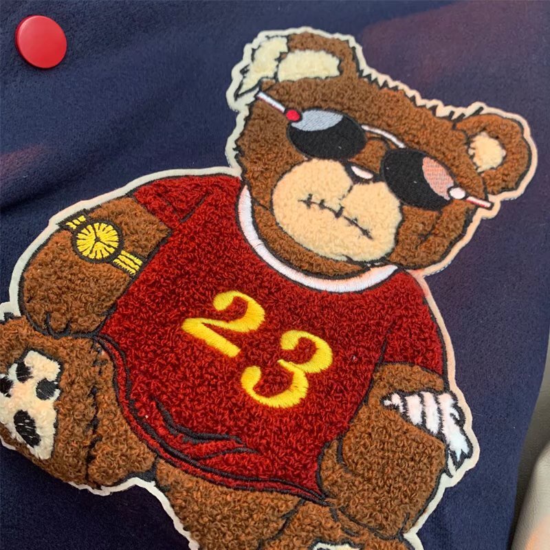 Áo Khoác Bóng Chày Da PU Tay Thêu Hình Gấu Phong Cách Retro Dành Cho Nam Nữ